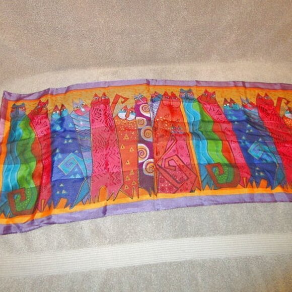 Vtg Laurel Burch Silk Scarf Fantastic Felines Rainbow Cat Kitty Art To Wear NWT - Picture 11 of 11
